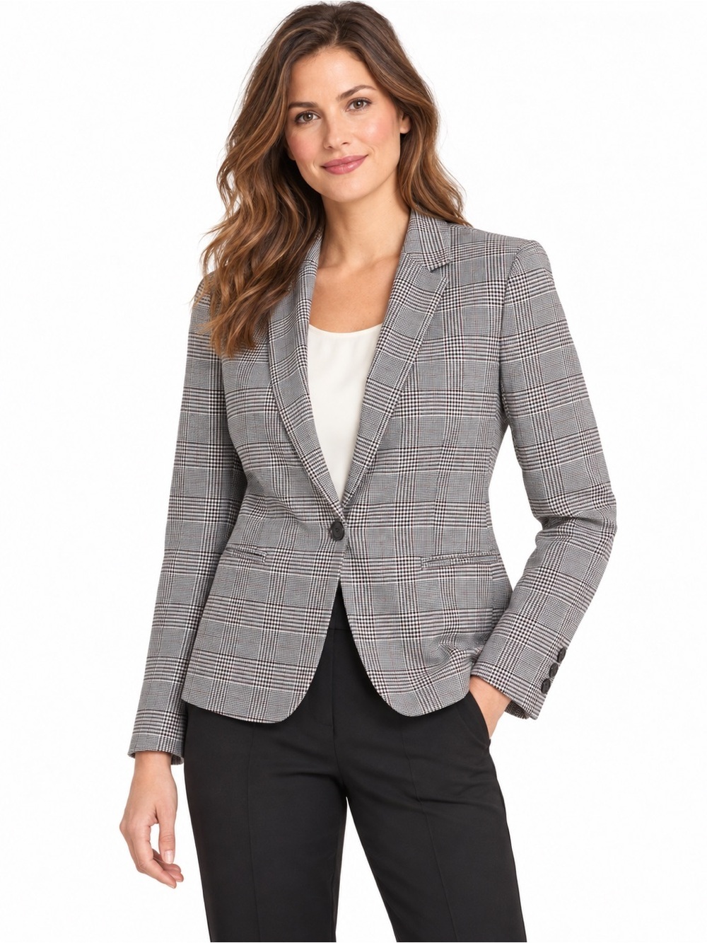 Ann Taylor Factory | Glen Plaid One Button Blazer Wine Accent Size 4